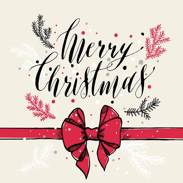 Kalligrafische tekst Merry Christmas met sneeuwvlokken, bos en rood — Stockvector