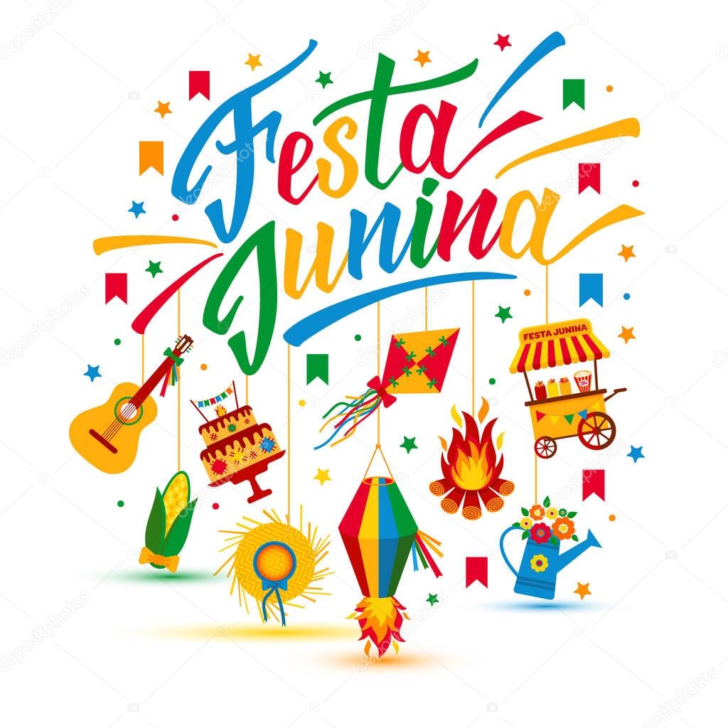 Festa Junina village festival in Latin America. Icons set in bright color. Flat style decoration. Vector illustration