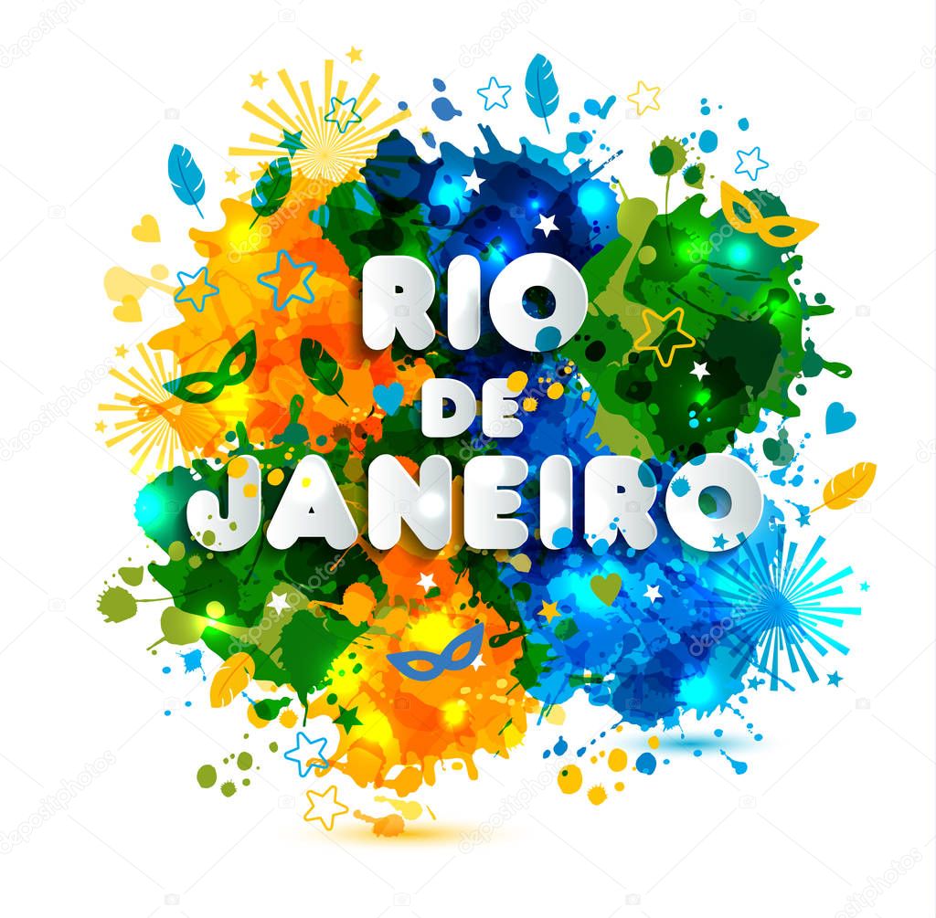 Illustration of Rio de Janeiro from Brazil vacation on watercolor stains,colors of the Brazil Carnival.