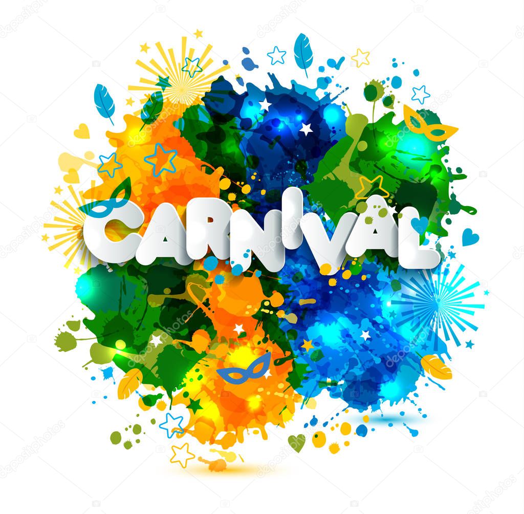 Illustration of Carnival from Brazil vacation on watercolor stains,colors of the Brazilian flag