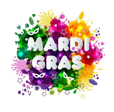İllüstrasyon, karnaval Mardi Gras multicolors sulu boya lekeleri, Mardi Gras renklerinin üzerinde. Bahar, elle çizilmiş mürekkep rengi.
