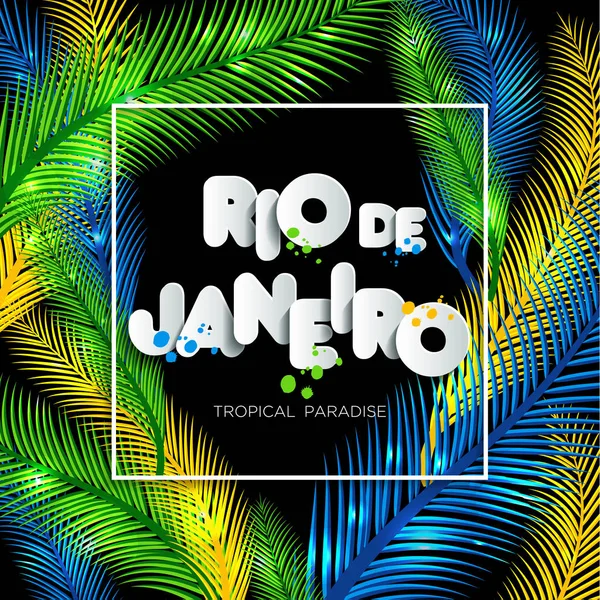 Рио-де-Жанейро на цветном фоне, цвета бразильского флага, бразильский карнавал. Саммер. Текст бумажного стиля . — стоковый вектор