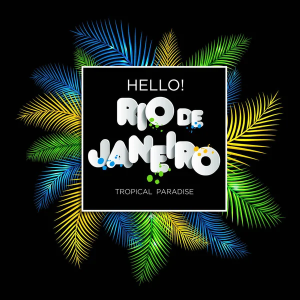 Ilustración de Río de Janeiro de vacaciones en Brasil sobre fondo de color, colores de la bandera brasileña, Carnaval de Brasil. Verano. Texto del estilo de papel . — Vector de stock