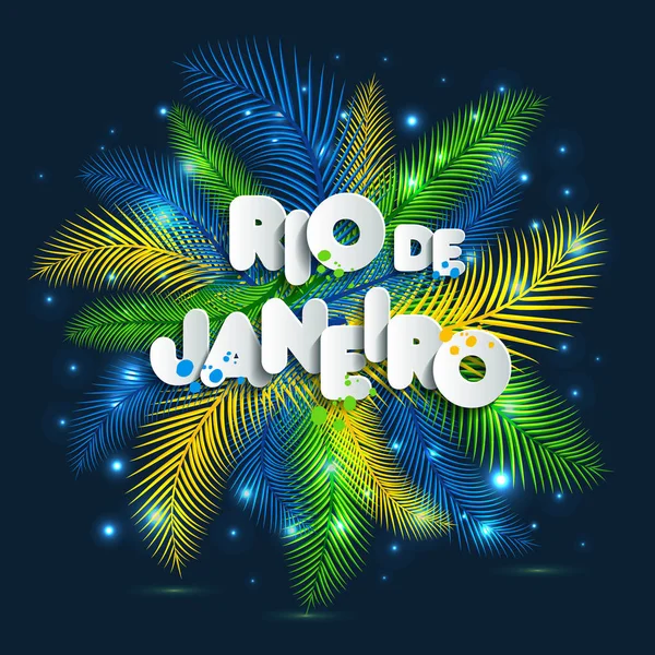 Illustration of Rio de Janeiro from Brazil vacation on color background, colors of the Brazilian flag, Brazil Carnival. Summer. Text of paper style. — Stock Vector