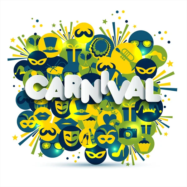 Luminoso carnevale vettoriale e segno di Carnevale illustrazione su icone multicolori. Carnevale, primavera, testo di carta . — Vettoriale Stock