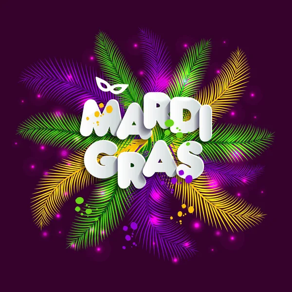 Ilustração do Carnaval Mardi gras em penas multicoloridas, cores do Mardi Gras. Texto de estilo de papel . —  Vetores de Stock