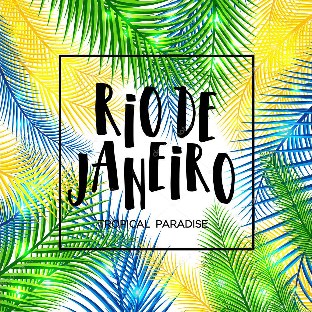 Illustration of Rio de Janeiro from Brazil vacation of colors of the Brazilian flag, Brazil Carnival. Summer. Hand drawn lettering.