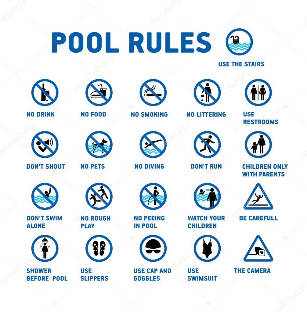 Swimming pool rules. Icons and symbol for pool.