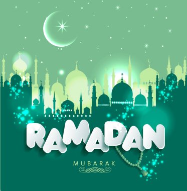 Müslüman soyut afiş tebrik. Gün batımında İslami vektör çizim. Ramazan Kareem çeviri Tebrikler