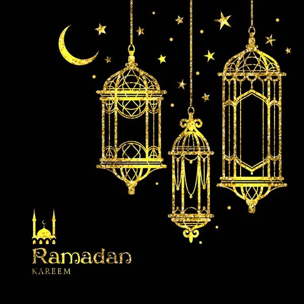 Wenskaart ramadan kareem design met lampen en manen. — Stockvector
