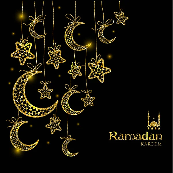 Aylar ve yıldızlar koyu arka plan üzerinde Ramazan kareem kutlama tebrik kartı süslenmiş. — Stok Vektör