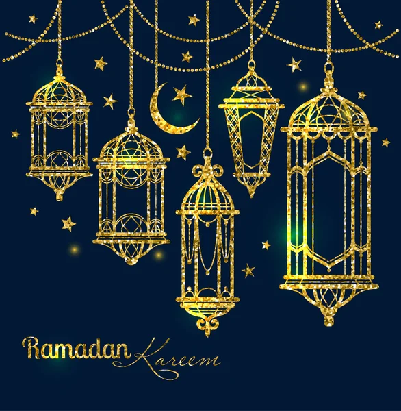 Cartão de saudação Ramadan Kareem design com lâmpadas e luas . — Vetor de Stock