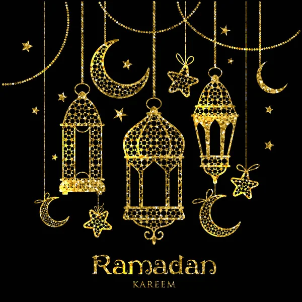 Greeting Card Ramadan Kareem design with lamps and moons. — Stock Vector