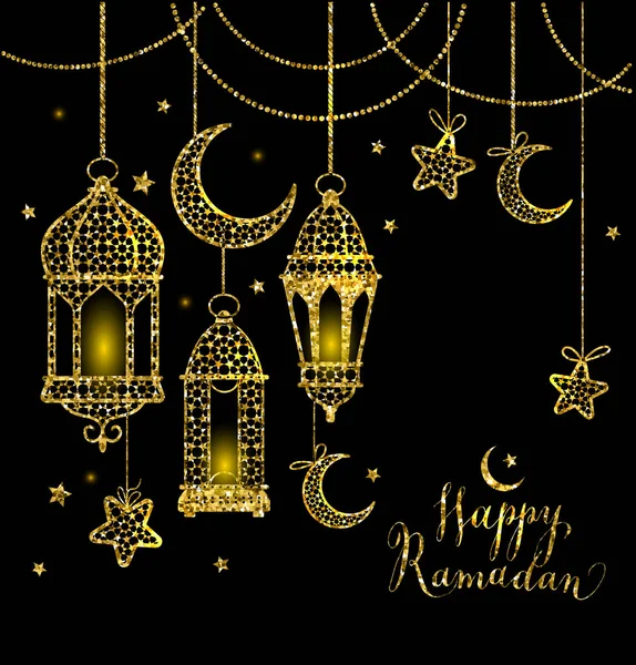 Kartkę z życzeniami ramadan kareem projekt z lampy i księżyce. — Wektor stockowy