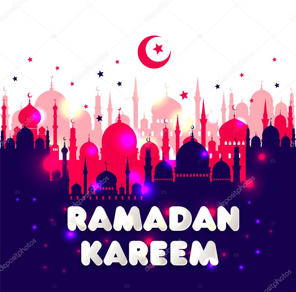 Muslim abstract greeting banners. Islamic vector illustration at sunset.