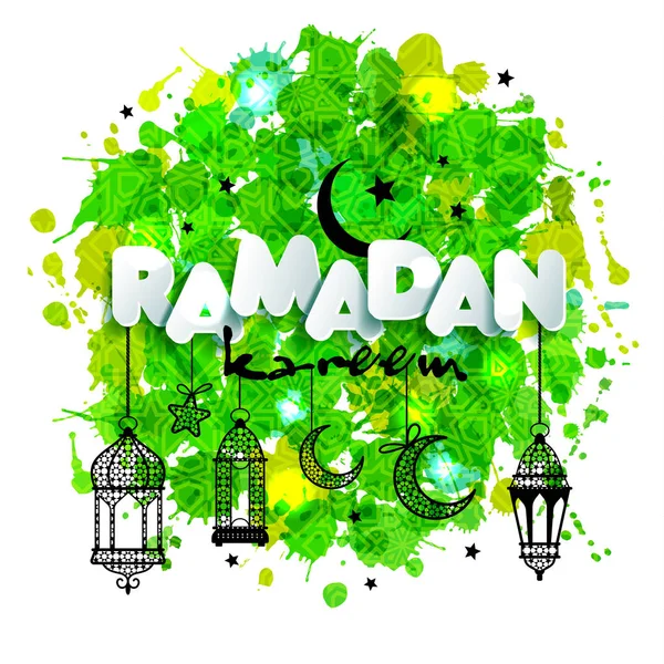 Texto em papel Ramadã para parabéns com celebração muçulmana e lanternas. Fundos de manchas desenhadas à mão . — Vetor de Stock