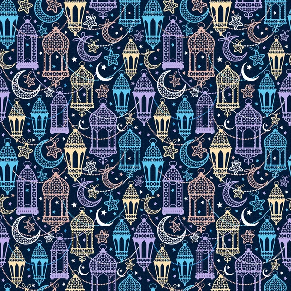 Padrão sem costura de lanternas Ramadan Kareem. Feliz celebração de fundo do Ramadã . — Vetor de Stock