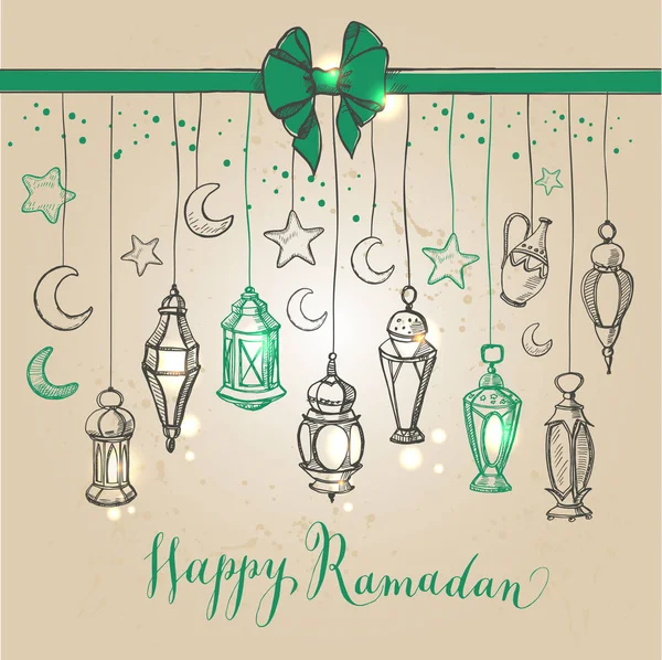 Ramadan Kareem ilustração com lanterna em estilo desenhado à mão . — Vetor de Stock