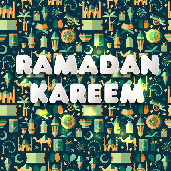 Ramadán Kareem iconos conjunto de árabe. Patrón sin costuras. Firma Ramadan Kareem en estilo de papel . — Vector de stock