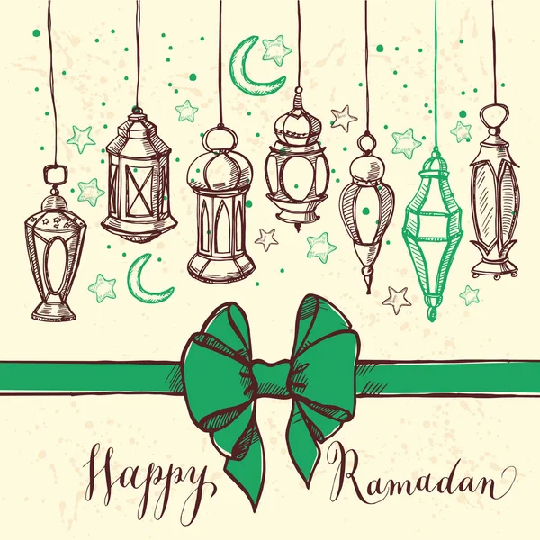 Ramadan Kareem ilustração com lanterna e arco. Estilo desenhado à mão . — Vetor de Stock