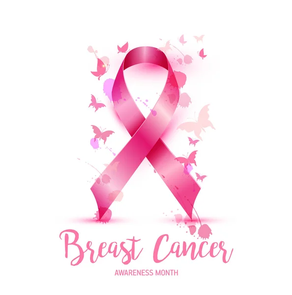 Concetto di consapevolezza del cancro al seno illustrazione simbolo nastro rosa, macchie di acquerello rosa con testo ottobre. Illustrazione disegnata a mano vettoriale . — Vettoriale Stock