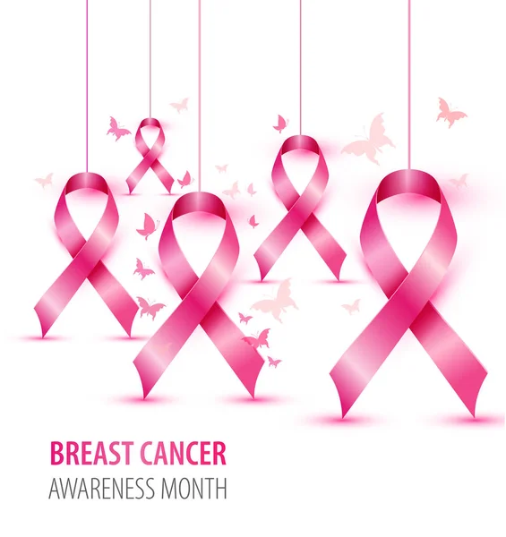 Conceito de consciência de câncer de mama ilustração símbolo de fita rosa, manchas de aquarela rosa com fitas realistas . —  Vetores de Stock