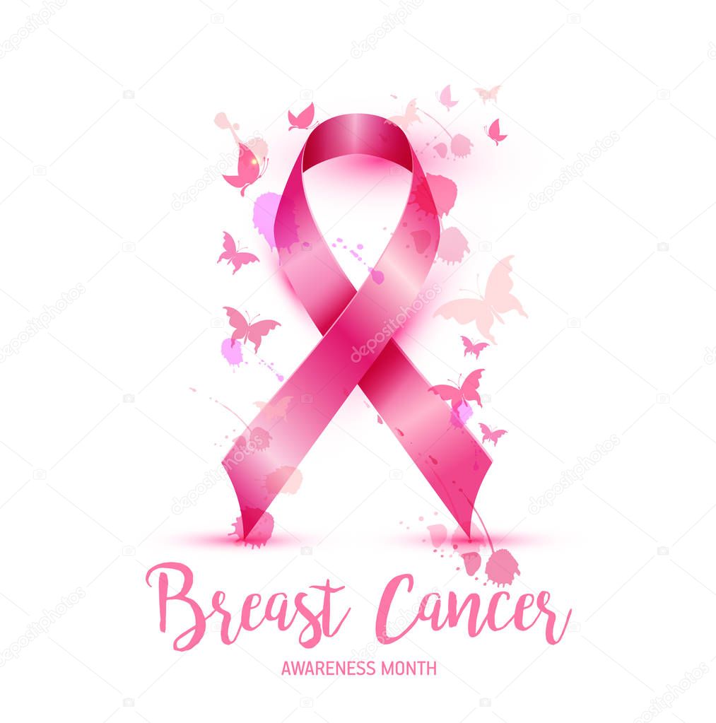 Breast cancer awareness concept illustration pink ribbon symbol, pink watercolor blots with text october. Vector hand drawn illustration.