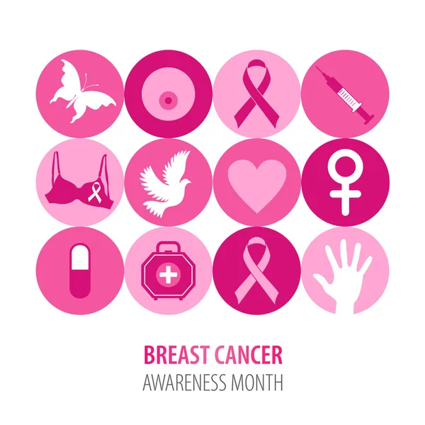 Breast cancer illustration av rosa ikoner med symbolen band. — Stock vektor