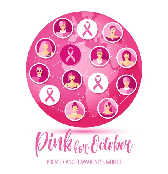 Breast cancer illustration av rosa ikoner med ansikten av kvinnor. — Stock vektor