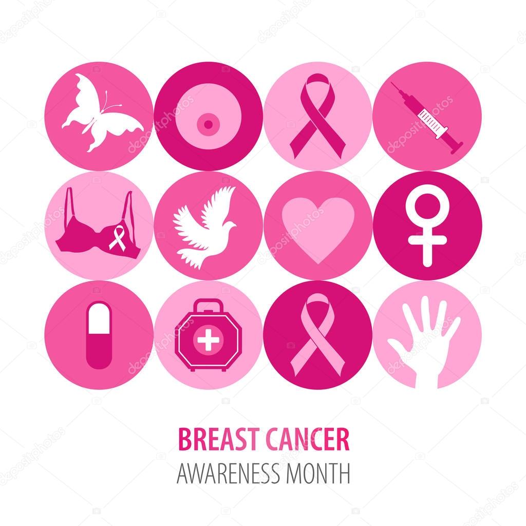 Breast cancer illustration of pink icons with symbol ribbon.