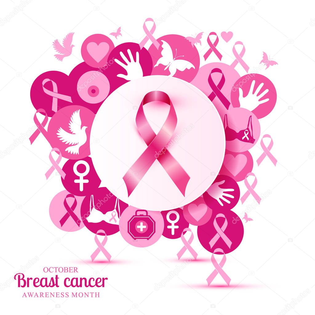 Breast cancer illustration of pink icons with realistic ribbon.