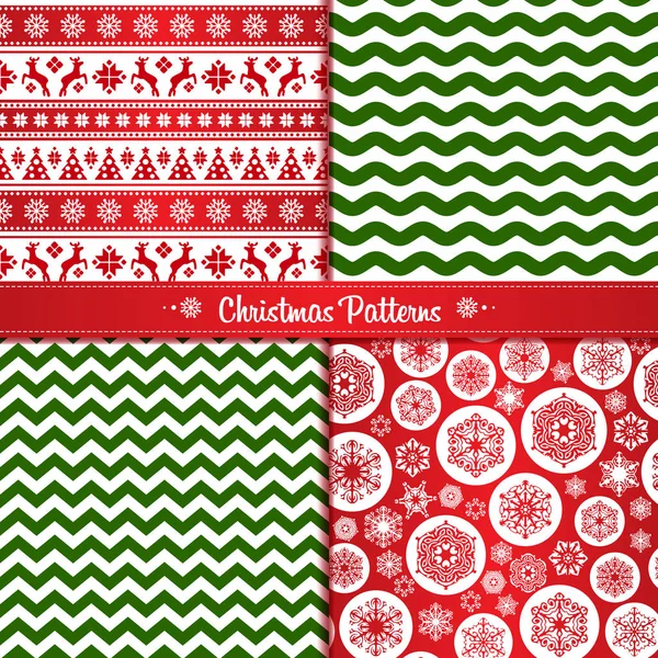 Set Christmas seamless patterns of red and green with reindeer and snowflakes — Stock Vector