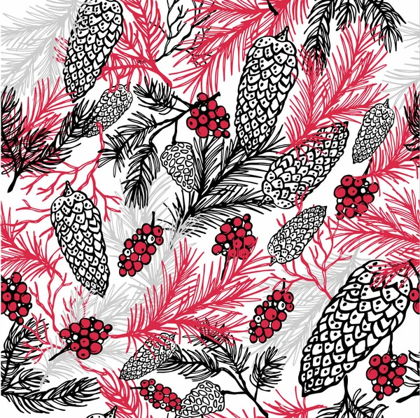 Modèle sans couture de Noël avec des cônes et des plantes de Noël — Image vectorielle