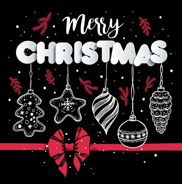 新年のおもちゃの手黒赤の弓と雪の描画スタイル。クリスマスのベクトルのグリーティング カード. — ストックベクタ