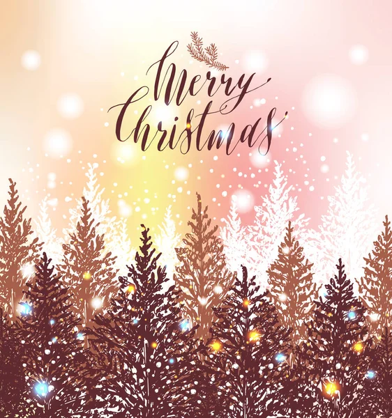 Handgezeichnete Weihnachtskarte. Neujahrsbäume mit snoww.vector Design Illustration. Kalligrafischer Text Frohe Weihnachten auf grauem Hintergrund — Stockvektor