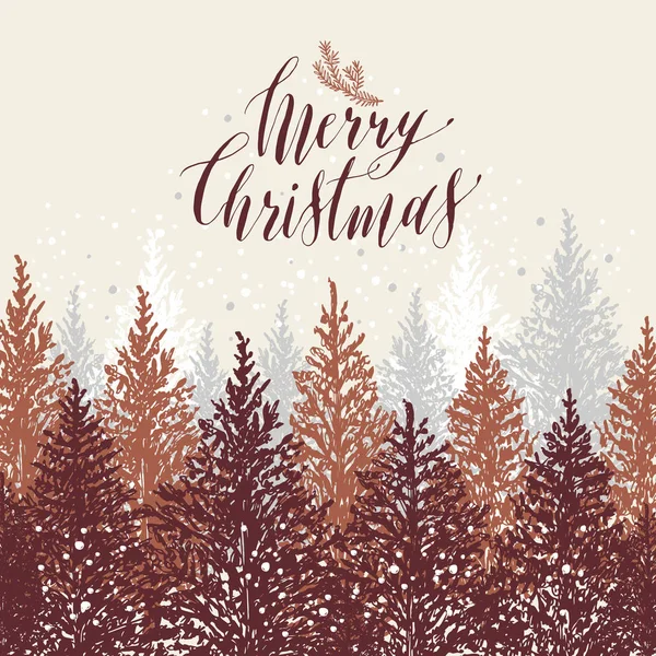 Kézzel rajzolt karácsonyi kártya. Új év fák a hó. Vector design illusztráció. Kalligrafikus szöveg boldog karácsonyt a szürke háttér — Stock Vector