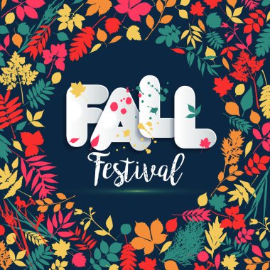 Sonbahar ile kağıt tarzı çok renkli arka plan üzerinde metin sonbahar yaprakları. Elle çizilmiş grunge öğeleri engelliyor. Sonbahar stil sonbahar Satılık.