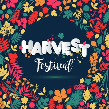 Metin hasat festivali kağıt tarzı sonbahar ile çok renkli arka plan üzerinde bırakır. Elle çizilmiş grunge öğeleri engelliyor. Sonbahar Festivali için Güz stil.