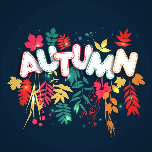 Text autumn in paper style on multicolor background with autumn leaves. Hand drawn grunge blots elements. Fall style for autumn sale. — Stock Vector