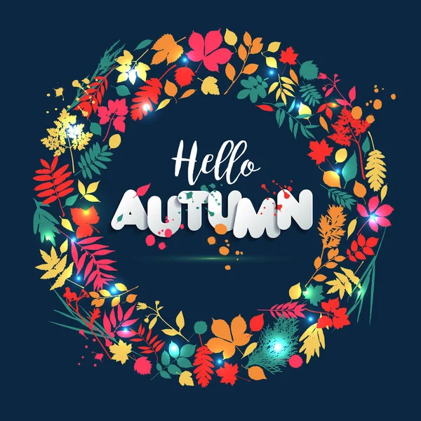 Text autumn in paper style on multicolor background with autumn leaves. Hand drawn grunge blots elements. Fall style for autumn sale. — Stock Vector