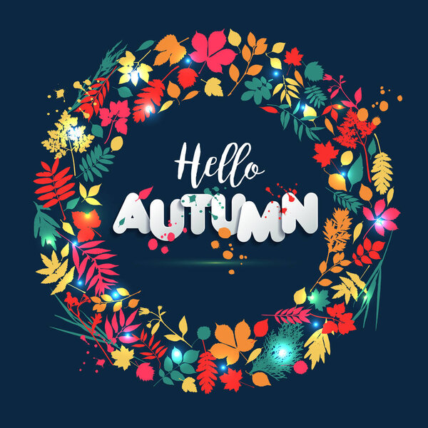 Text autumn in paper style on multicolor background with autumn leaves. Hand drawn grunge blots elements. Fall style for autumn sale.