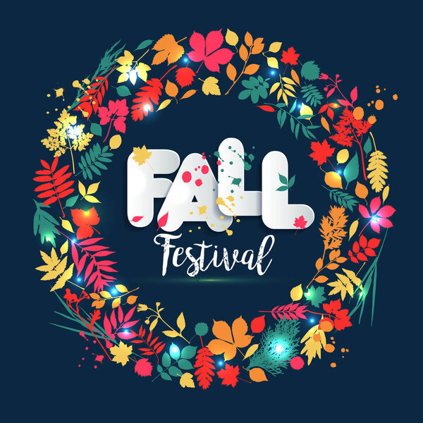 Text autumn in paper style on multicolor background with autumn leaves. Hand drawn grunge blots elements. Fall style for autumn sale.