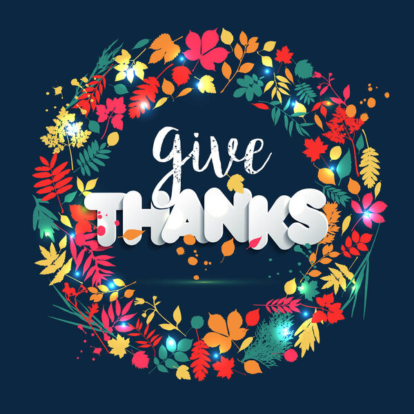 Happy Thanksgiving day in calligraphic hand drawn style and paper style. Fall style for autumn.Happy Thanksgiving Day greeting card design with colors leaves on blue