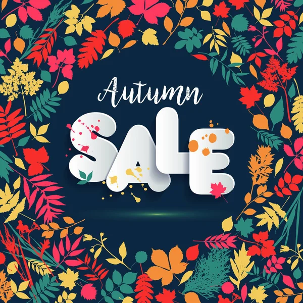 Text Sale in paper style on multicolor background with autumn leaves. Hand drawn grunge blots elements. Fall style for autumn sale. — Stock Vector