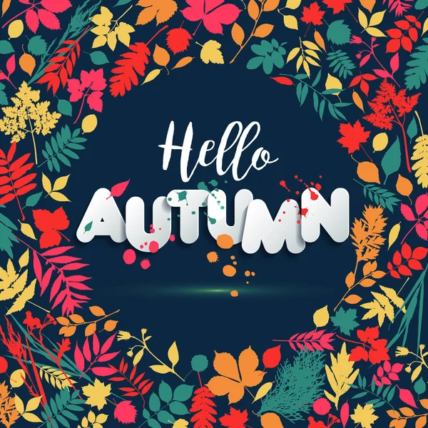 Autunno di testo in stile carta su sfondo multicolore con foglie autunnali. Elementi grunge blots disegnati a mano. Autunno stile per la vendita autunno . — Vettoriale Stock