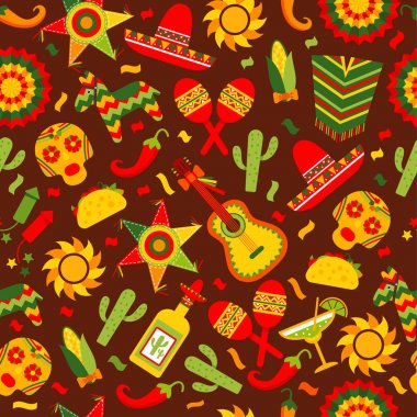 Cinco de Mayo kutlama Meksika, seamless modeli Toplom gıda, sambrero, tekila, kaktüs ile kahverengi. Vektör çizim.