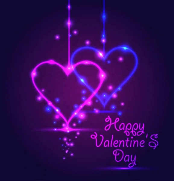 Carte joyeuse Saint-Valentin en style néon sur fond violet foncé . — Image vectorielle