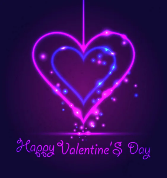 Feliz tarjeta de San Valentín en estilo neón sobre fondo violeta oscuro . — Vector de stock