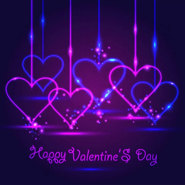 Feliz tarjeta de San Valentín en estilo neón sobre fondo violeta oscuro . — Vector de stock