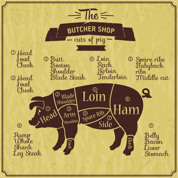屠夫店猪肉的插图。农场复古背景。部分满足方案 — 图库矢量图片